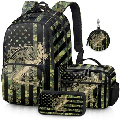 Fishing Backpack Set for Boys, Kids Camo Fish Backpack for School with Lunch Box and Pencil Case Coin Purse, School Bookbag for Boys - color: Fishing