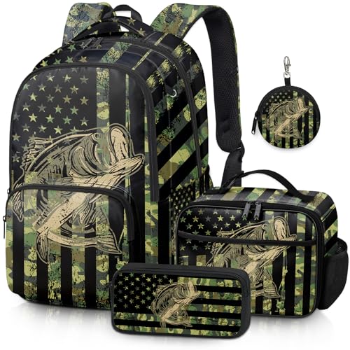 Fishing Backpack Set for Boys, Kids Camo Fish Backpack for School with Lunch Box and Pencil Case Coin Purse, School Bookbag for Boys - color: Fishing
