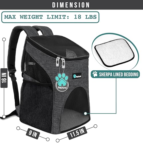 PetAmi Cat Backpack Carrier, Airline Approved Pet Carrier Backpack for Small Dogs and Large Cats, Soft Sided Collapsible Ventilated with Sherpa Bed for Hiking Travel, Max 18 lbs, Heather Charcoal - color: Heather Charcoal