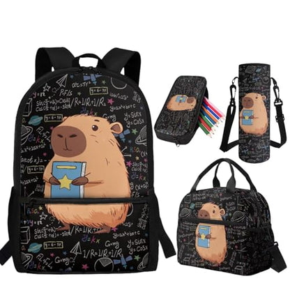 Capybara Backpack for Girls Back to School Backpack with Lunch Box Pencil Case and Water Bottle Holder 4PCS Set Girls Backpacks Ages 8-10 Large Capacity School Supplies - color: Capybara