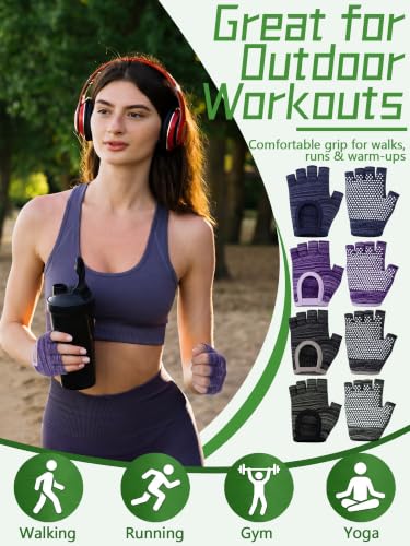 Fourluoo 4 Pairs Pilates Gloves with Grips for Women Non Slip Cotton Fingerless Silicone Yoga Gloves for Gym Exercise Workout Weight Training Mitten Fits Women Men - color: Black,Green,Blue,Purple
