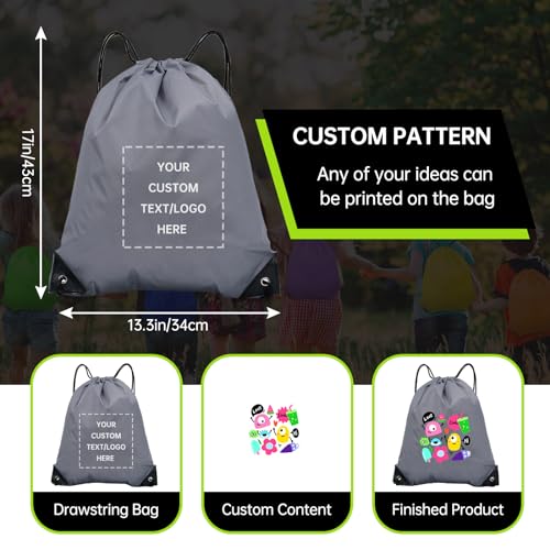 JEOHLORY pack of 50 Custom Bags With Your Logo,Drawstring Backpacks Bulk String Bag,Great for Travelling, Gym and for Everyday Use (Custom gray) - color: Custom Gray