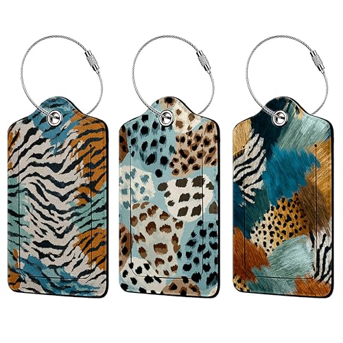 Abstract Animal Print 3 Pack Luggage Tags, PU Leather Luggage Tags for Suitcase,Name ID Labels with Privacy Cover Suitcases and Metal Loop for Travel Bag Suitcase - color: Abstract Animal Print