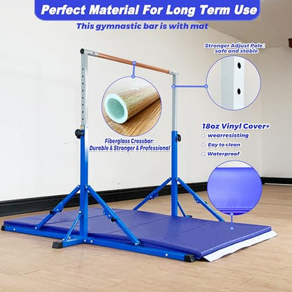 Marfula Gymnastic Bar For Kid and Teenage of 3-25, 5Ft/8 FT Base Length 4Ft Width 5Ft Adjust Height, Gymnastic Kip Bar For Gymnast, Gymnastic Training Equipment For Professional Training Home Club Use - color: Bar With Mat-Blue (5 Ft Base)