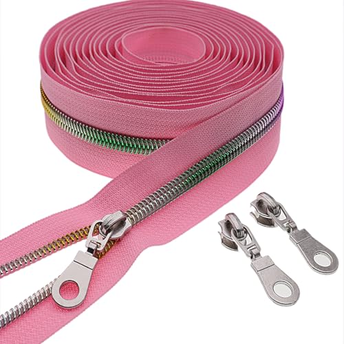 #5 Colorful Metallic Nylon Coil Zipper by Yard,Pink Zipper Tape Bulk 10 Yards with 25pcs Silver Pull for DIY Sewing Craft Bag YIGUANXIN - color: Pink-Colorful
