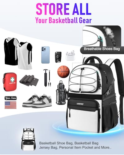 LOINTET Basketball Bag Backpack with Ball Holder Shoes Compartment, Large Basketball Accessories Sports Bag - color: White
