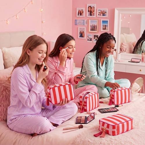 Kacctyen 6 Pack Tomato Red and Light Pink Striped Makeup Bag bulk with Tassel Travel Cosmetic Pouch Organizer Large Zipper Toiletry Case for Women Aesthetic Storage Pouch Mahjong Tile Bag - color: Tomato Red and Light Pink