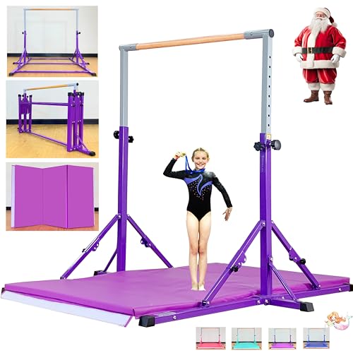 Marfula Gymnastic Bar For Kid and Teenage of 3-25, 5Ft/8 FT Base Length 4Ft Width 5Ft Adjust Height, Gymnastic Kip Bar For Gymnast, Gymnastic Training Equipment For Professional Training Home Club Use - color: Bar With Mat-Hot Purple (5 Ft Base)