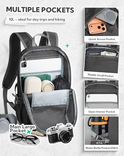 WATERFLY Small Lightweight Packable Backpack: 10L Mini Ultra Light Foldable Travel Sport Cycling Daypack with Breathable Shoulder Strap Outdoor Hiking Walking Day Pack for Women Men - color: Grey