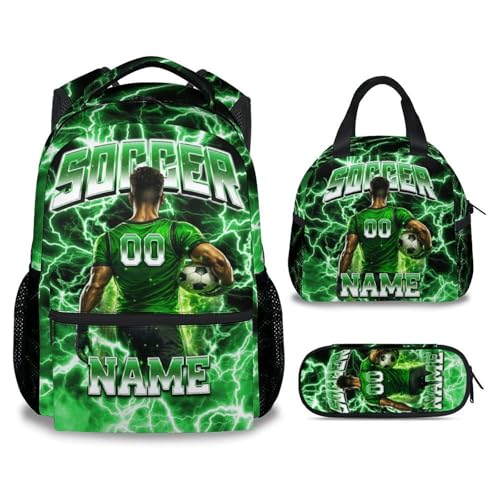 UNIKITTY Boys Soccer Backpack Set, Custom School Backpack with Lunch Box & Pencil Case; 17 Inch Large Capacity Soccer Bookbag, Water Resistant for Kids Teens Elementary & Middle School - color: Green
