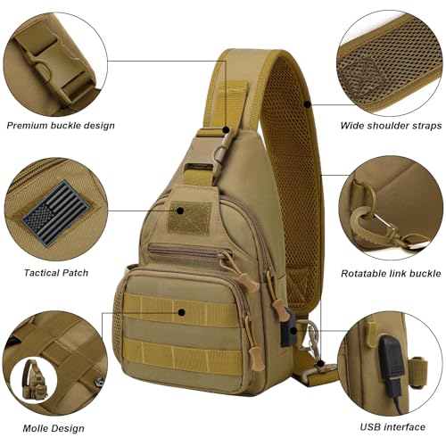 ZHIERNA Tactical Crossbody Bag for Men with Water Bottle Holder, MOLLE EDC Shoulder Sling Chest Bags with USB Charging Port for Travel Walk(Black) - color: Black
