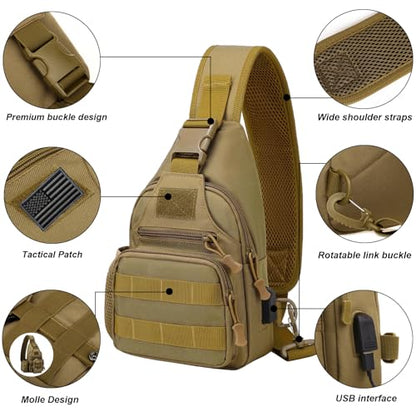 ZHIERNA Tactical Crossbody Bag for Men with Water Bottle Holder, MOLLE EDC Shoulder Sling Chest Bags with USB Charging Port for Travel Walk(Black) - color: Black