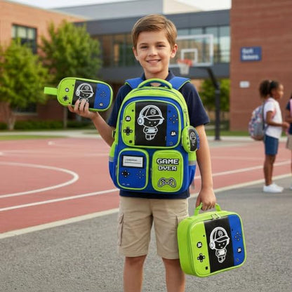 Boys Backpack, Luminous Gamer Backpack for Boys with Lunch Box,Pencil Case and Coin Puese,Kids Schoolbag Bookbag for Teen Boy Elementary Middle High School Travel - color: Green