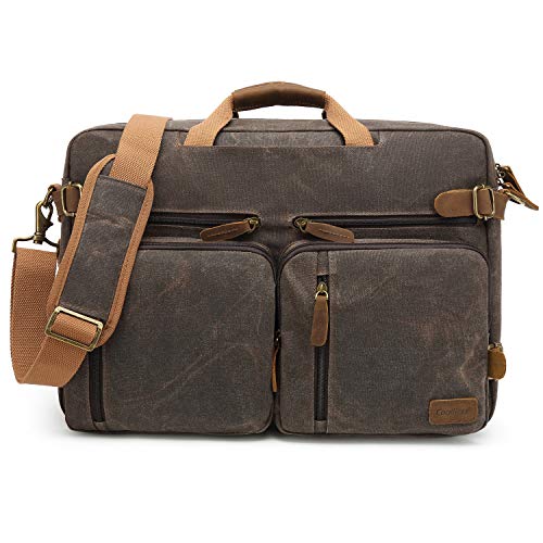 CoolBELL Laptop Messenger Bag Vintage Shoulder Bag Convertible Backpack Retro Briefcase Versatile Travel Bag Fits 17.3 Inch Laptop For Men Business (Waxed Canvas Brown) - color: Brown, size: 17.3 Inches