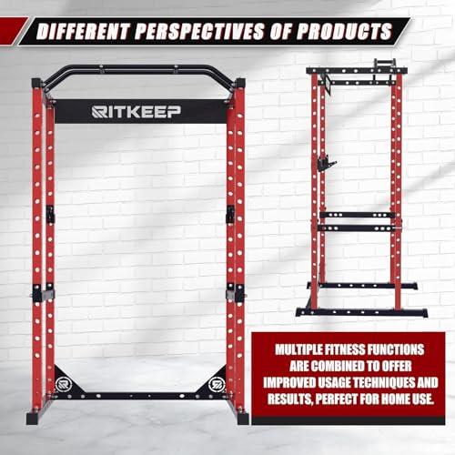RitKeep RMAX 2250 Power Rack, 1200 lb Capacity Multi-Function Squat Rack and Weight Cage for Strength Training with Pull-Up Bar, Safety Bars, J-Hooks for Home Gym and Garage Gym - color: Red