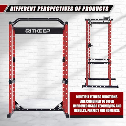 RitKeep RMAX 2250 Power Rack, 1200 lb Capacity Multi-Function Squat Rack and Weight Cage for Strength Training with Pull-Up Bar, Safety Bars, J-Hooks for Home Gym and Garage Gym - color: Red