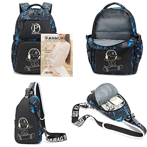 School Backpack for Boys, Elementary School Bag College Bookbag Lightweight Laptop Bag with Sling Bag Set, Kids Skateboard Backpack Casual Daypack, Blue - style: Skateboard-blue3