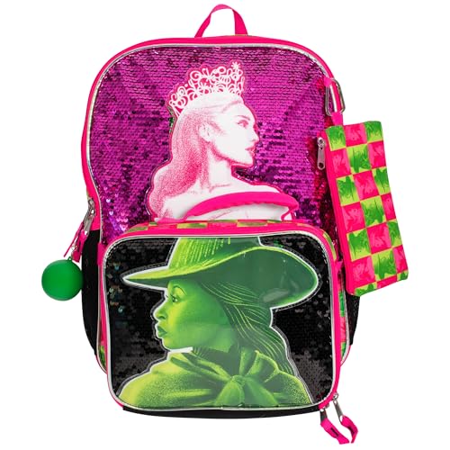 AI ACCESSORY INNOVATIONS Wicked 5 Piece Backpack Set, Galinda & Elphaba Flip Sequin Girls School Bag with Front Zip Pocket, 2 Side Mesh Pockets, Pink & Green - color: Wicked