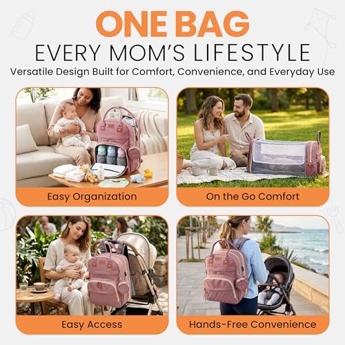 Diaper Bag Backpack with Changing Station | 600D Oxford Waterproof Baby Bag for Mom & Dad | Large Baby Diaper Bag Boy Girl | 16 Pockets, USB Charging Port, Foldable Pad - color: Perl Pink