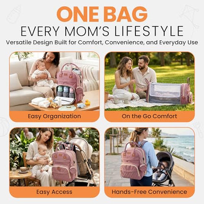 Diaper Bag Backpack with Changing Station | 600D Oxford Waterproof Baby Bag for Mom & Dad | Large Baby Diaper Bag Boy Girl | 16 Pockets, USB Charging Port, Foldable Pad - color: Perl Pink