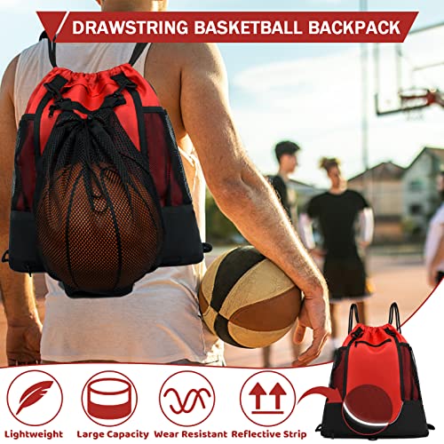 STAY GENT Drawstring Basketball Backpack for Boys, Foldable Soccer Backpack Gym Bag Sackpack Sports Sack with Detachable Ball Mesh Bag for Volleyball Baseball Yoga - color: Red