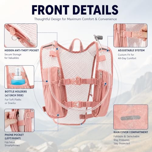 Zavothy Hydration Backpack with 1.5L Water Bladder, Lightweight Water Backpack for Women, Hydration Pack with Rain Cover for Running Hiking Cycling Festival, Reflective Bounce-Free Fit - color: Pink