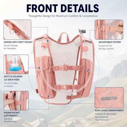 Zavothy Hydration Backpack with 1.5L Water Bladder, Lightweight Water Backpack for Women, Hydration Pack with Rain Cover for Running Hiking Cycling Festival, Reflective Bounce-Free Fit - color: Pink
