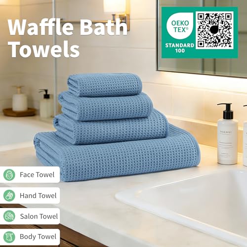 MICROFI Waffle Weave Bath Towel Set, Microfiber, 4 Pieces (Body/Hair/Hand/Face), Quick Dry, Lightweight, Super Absorbent, Lint Free, 380 GSM (Blue) - color: Blue