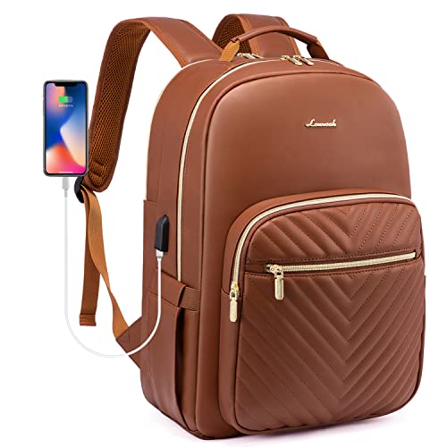 LOVEVOOK Laptop Backpack Purse for Women, Large Capacity Travel Computer Work Bag, Faux PU Leather Quilted Casual Nurse Backpack for Womens, Fit 15.6 Inch Laptop with USB Port, Brown - color: Brown(pu Leather), size: 15.6-Inch