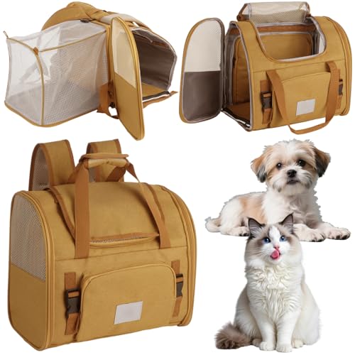 Expandable Pet Backpack Carrier with Ventilated Mesh Top Sides, Folding Travel Backpack with Shoulder Straps Quick-Release Waist Strap Luggage Wrap for Cats Small Dogs Puppies