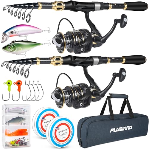 PLUSINNO Fishing Rod and Reel Combo, Telescopic Fishing Pole Kit with Spinning Reel, Tackle Box, Fishing Lures and Travel Carrying Bag, Fishing Gear Gifts for Men - color: 2pack Full Kit with Carrier Case, size: 2.1M 6.89FT