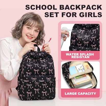 LEDAOU School Backpack for Teen Girls Elementary Middle School Bookbag Kids Backpacks Women Laptop Backpack Travel Daypack (Bow Tie Black) - color: A-bow Tie Black