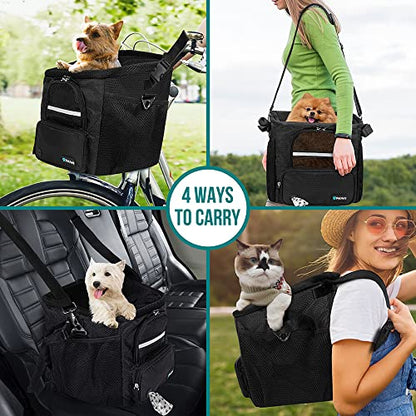 PetAmi Dog Bike Basket, Soft-Sided Ventilated Dog Bike Carrier Backpack, Pet Bicycle Basket for Bike Handlebar, Small Medium Puppy Cat Kitten Car Booster Seat with Safety Strap, Max 18 lbs, Black - color: Black
