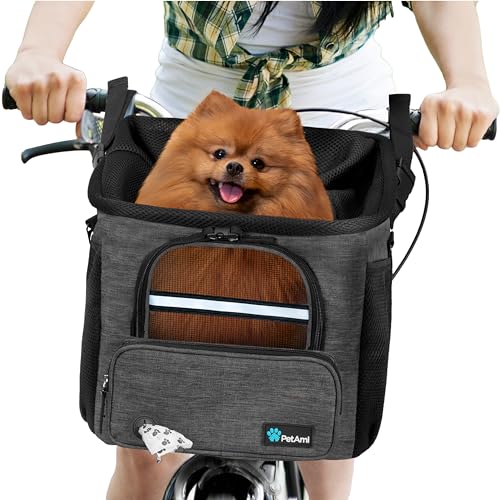 PetAmi Dog Bike Basket, Soft-Sided Ventilated Dog Bike Carrier Backpack, Pet Bicycle Basket for Bike Handlebar, Small Medium Puppy Cat Kitten Car Booster Seat with Safety Strap, Max 18 lbs, Dark Gray - color: Dark Gray