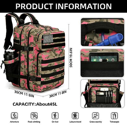 Lovelinks21 45L Tactical Assault Backpack 3 day assault pack with Molle Waterproof backpack Rucksack for Tactical Backpacks (Pink Camo) - color: Pink Camo