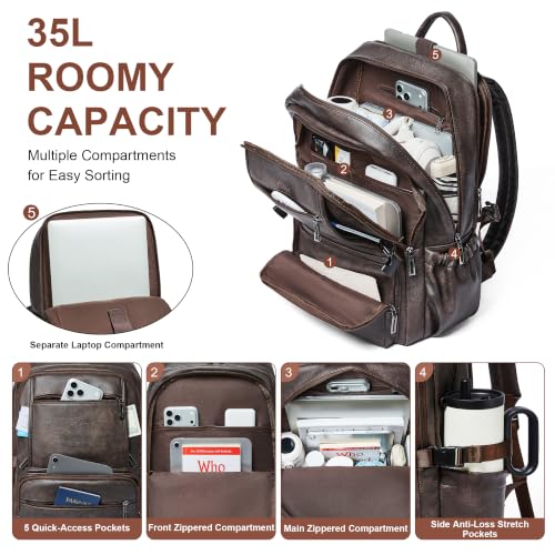 Shrrie 17 Inch Laptop Backpack Purse for Women with Giant Tumbler Holders | Vegan Leather Backpack with Large Water Bottle Pocket,Work Travel Business College Teacher Nurse,35L Large Capaity - color: Coffee