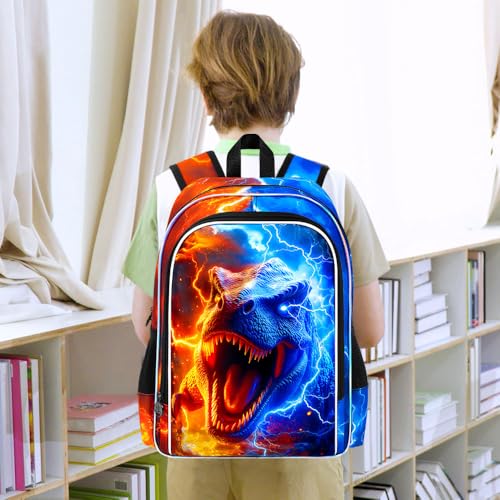 AGSDON 3PCS Dinosaur Backpack for Boys, 17" Kids Bookbag with Lunch Box for Boy, Flame Thunder Backpacks Water Resistant and Lightweight for Teen - color: Dinosaur
