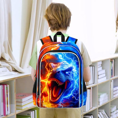 AGSDON 3PCS Dinosaur Backpack for Boys, 17" Kids Bookbag with Lunch Box for Boy, Flame Thunder Backpacks Water Resistant and Lightweight for Teen - color: Dinosaur