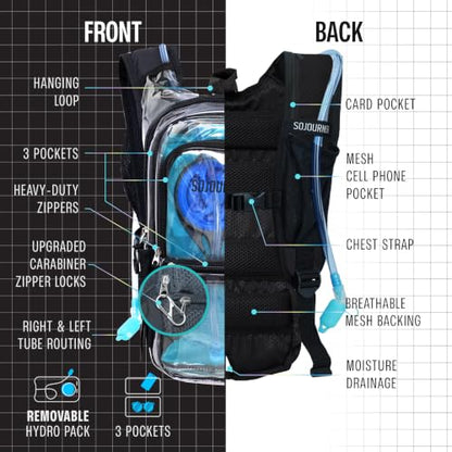 Sojourner Hydration Pack, Hydration Backpack - Water Backpack with 2l Hydration Bladder, Festival Essential - Rave Hydration Pack Hydropack Hydro for Hiking, Running, Biking, Festival Gear - color: Clear Transparent