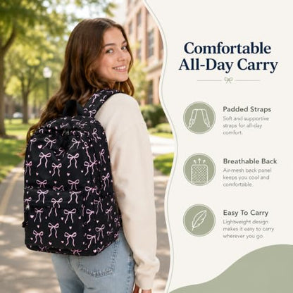 Bluboon School Backpack for Teen Girls Women Laptop Backpack College Bookbags Middle School Travel Work Commuter Back Pack - color: Black Base Pink Bow & Heart