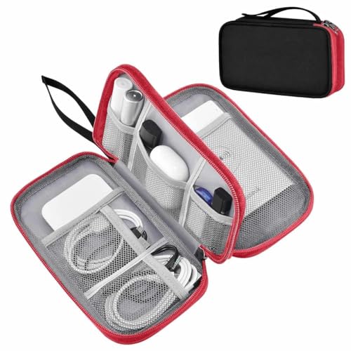 ZINMARK Portable Cable Organizer Case,Travel Pouch with Double-Layer Storage for Cables,Chargers,Earbuds & Phone,Black Red– Small Size - color: Black Red