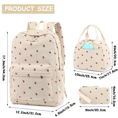Bluboon School Backpack Set Girls Womens Laptop Bookbag Casual Daypack Fits 15 inch Laptop with Lunch Tote Bag and Pencil Bag - color: Corduroy-strawberry Khaki