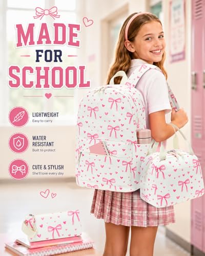 CAMTOP Girls Backpack with Lunch Box Set, Cute Bow School Backpack for Kids, 3-in-1 Lightweight Lunch Bag and Pencil Pouch - color: Beige Pink Heart