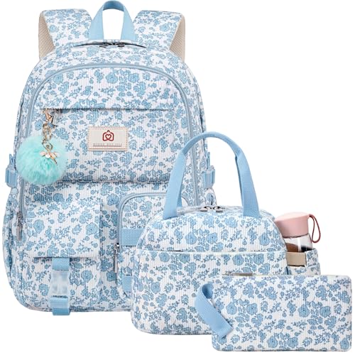 Hidds School Backpack with Lunch Box Laptop College Backpacks Corduroy Students Bookbag with Lunch Bag for Teens Girls Women (01-Corduroy Blue Floral) - color: 01-corduroy Blue Floral