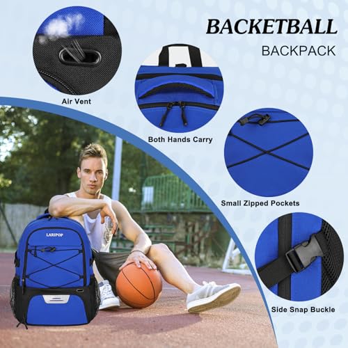 LARIPOP Basketball Backpack Large Basketball Bag with Ball Holder & Shoe Compartment for Adults Men Women - color: Blue