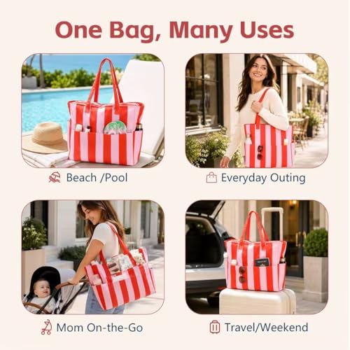 LEDAOU Beach Bag Waterproof Sandproof Women Beach Tote Pool Bag with Zipper for Swim Gym Grocery Travel with Wet Pocket | Sandproof - color: Pink & Orange Stripe