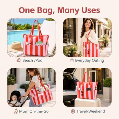 LEDAOU Beach Bag Waterproof Sandproof Women Beach Tote Pool Bag with Zipper for Swim Gym Grocery Travel with Wet Pocket | Sandproof - color: Pink & Orange Stripe