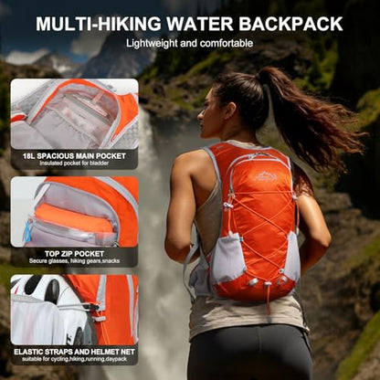 IX INOXTO Hydration Backpack, 18L Lightweight Hiking Backpack with 2L Water Bladder Daypack Women Men, Water Backpack Insulated Hydration Pack for Hiking, Running, Festival, Cycling - color: Orange