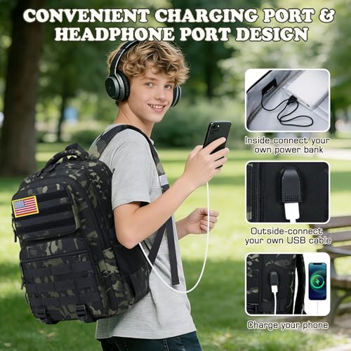 Camo Backpack for Boys, Tactical Boys Backpack with Lunch Box Pencil Case, Kids Backpacks with USB Charging Port, Military Army School Bookbag for Teen Boy Elementary Middle High School Camp - color: Black-green