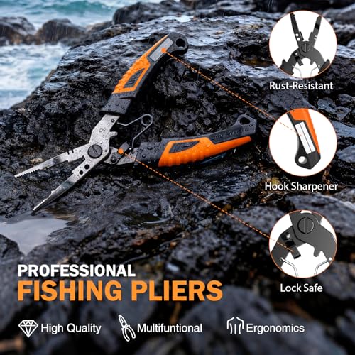 PLUSINNO Fishing Gear, Fishing Backpack with Fishing Rod, Tackle Box, Waterproof Tackle Backpack with Rod Holders,Lures, Tools, Pliers & Accessories, Fish Gifts for Men - color: Orange rod